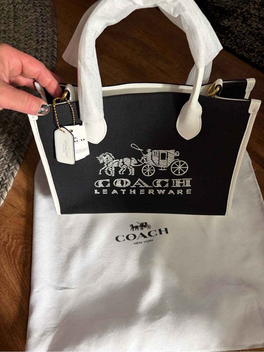 Coach Black and White Leather Logo Tote
